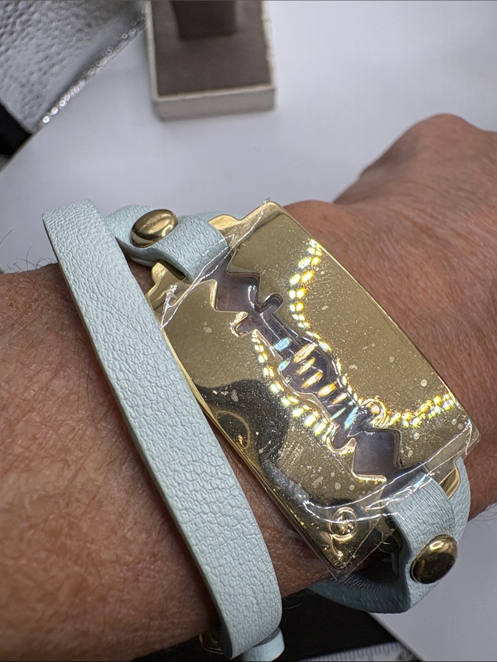 Alexander McQueen Light Blue Triple Wrap Bracelet with Gold Razor Blade